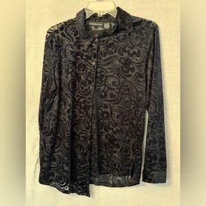 Sheer Black Velvet Burnout Front Button Blouse by Impressions